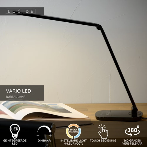 Lucide VARIO LED - Bureaulamp - LED Dimb. - CCT - 1x8W 2700K/6500K - Zwart - USP